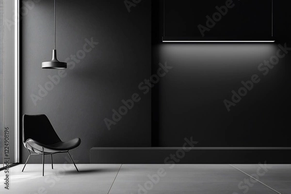 Fototapeta Modern minimalist interior featuring a sleek black chair and ambient lighting in a spacious room