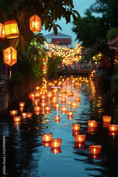 Fototapeta Serene River with Floating Lanterns