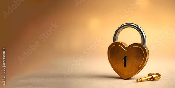 Fototapeta A heart-shaped padlock with a key lies on a warm, golden background with copy space Copy space for your text. The soft lighting and warm tones create a romantic and intimate atmosphere.