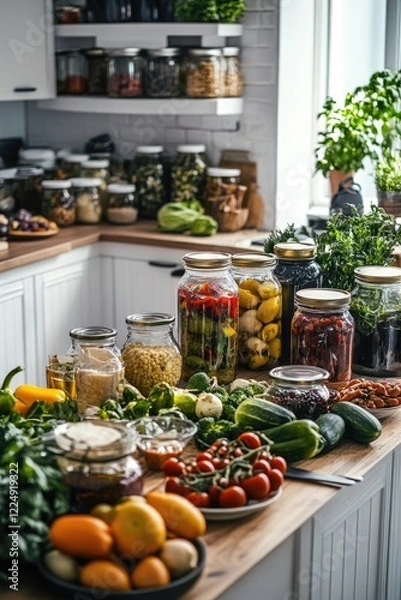 Fototapeta Lots of vegetables and fruits on the background of the kitchen. Selective focus.