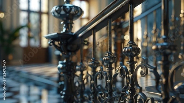 Fototapeta Iron Railings: A sturdy, decorative metal feature used for safety, providing support and enhancing the aesthetic appeal of staircases, balconies, and garden spaces.
