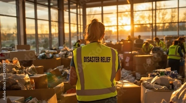 Obraz Disaster relief worker in a safety vest organizes supplies in a sunlit warehouse filled with donations. Concept of humanitarian aid and charity. Ai generative