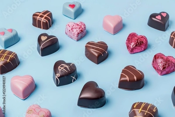 Fototapeta Heart-Shaped Chocolates in Various Designs on Blue Background, valentine day, MZ