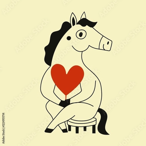 Fototapeta Vector illustration of horse with big red heart. Symbol of New year 2026 print design with animal, romantic greeting card template, funny home decoration poster