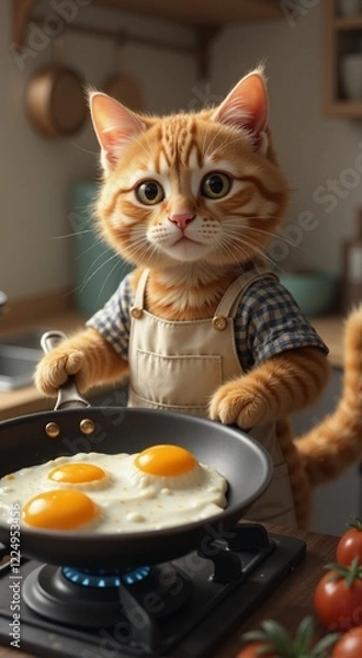 Obraz Cute ginger cat cooking breakfast with fried eggs