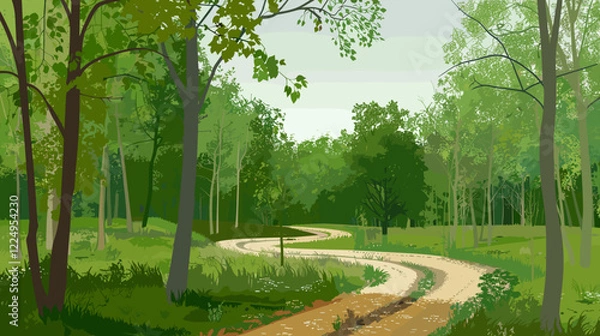 Fototapeta Scenic forest path winding through green trees and grassy landscape in nature illustration