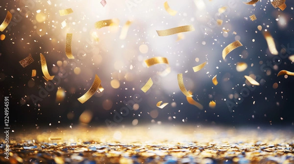 Obraz 光り輝く金色の紙吹雪が降り注ぐ祝福用背景画像としてリアルに描いたAI生成画像
