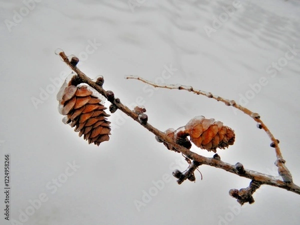 Obraz Bron branch of Larch tree with cones covered transparent ice and white background of ice surface cover on snow after rainfall in frosty weather - close up. Topics: vegetation, frost, climate