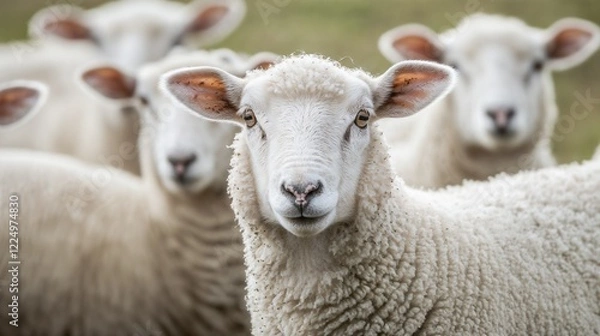 Fototapeta White sheep in pastoral setting with soft focus. Perfect for sustainable farming and wool industry.