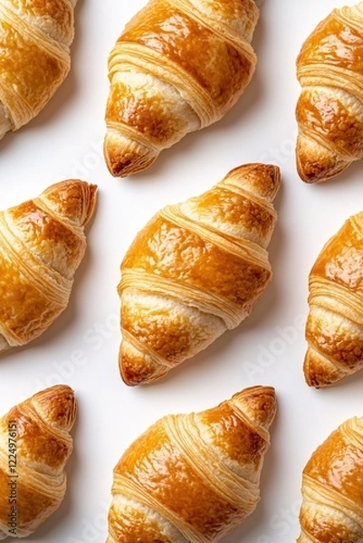 Fototapeta Golden brown croissants arranged on a white background creating a delicious pattern for breakfast
