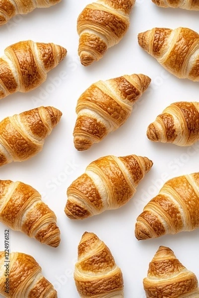 Fototapeta Golden brown croissants arranged on a white surface creating a pattern of delicious pastry