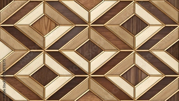 Fototapeta The image presents a close-up, top-down view of a geometric pattern composed of wooden tiles. 