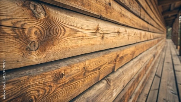 Fototapeta The image presents a close-up, angled view of a wooden wall with horizontal planks.