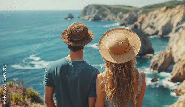 Fototapeta A couple stands hand in hand, gazing at the mesmerizing ocean view. Sunlight reflects off the water as they enjoy the serenity of the coastal cliffs on a warm day