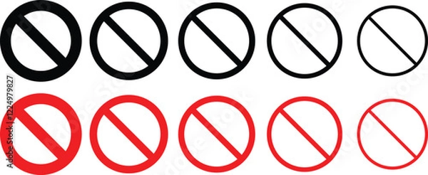 Fototapeta Set of stop sign icons. Stop sign vector icon set. Red and black circle sign stop entry ang slash line isolated