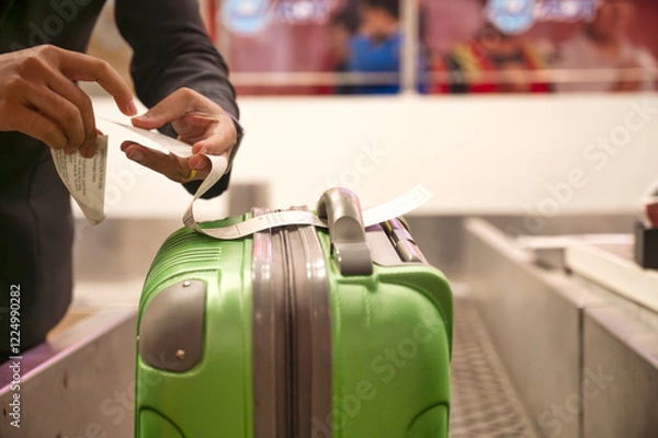 Fototapeta Close-up of a green suitcase being labeled by an airport staff member at a check-in counter, representing travel preparation and airline baggage handling