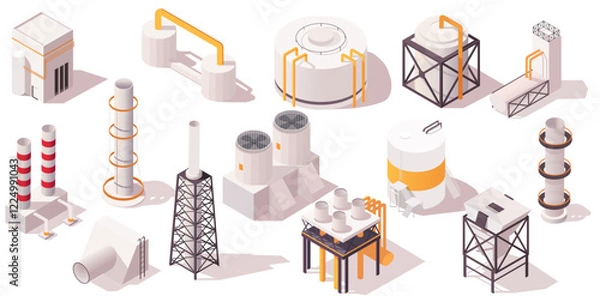 Obraz Collection of industrial structures including tanks, chimneys, and towers in isometric style on white background. Concept of industry. Vector illustration