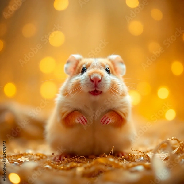 Fototapeta Adorable close-up of a hamster in a warm, golden-toned setting. Soft lighting highlights its cute features in a cozy, peaceful atmosphere.