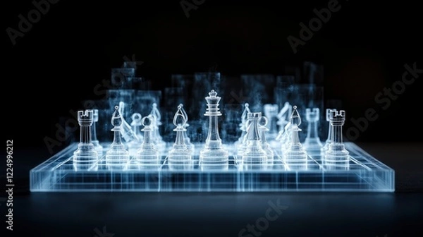 Fototapeta A futuristic glowing chess set illuminated in a dark environment, highlighting the strategic essence of the game.