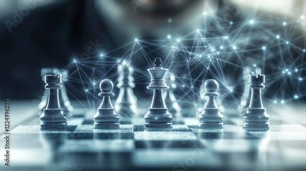 Fototapeta A futuristic chess game with digital elements showcases strategy and thinking in a visually engaging setting