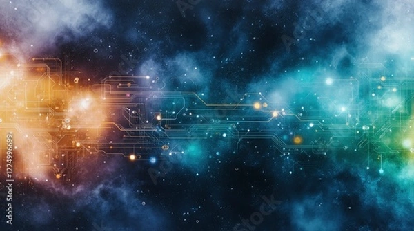 Fototapeta Abstract space background with glowing circuit patterns and cosmic elements symbolizing technology and innovation