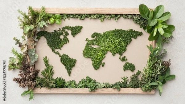 Fototapeta Green world map made of moss and herbs surrounded by various leafy plants in a natural wooden frame
