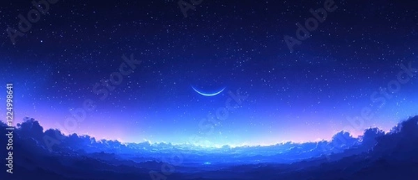 Fototapeta Night sky with crescent moon and stars over dark clouds in a blue gradient atmosphere