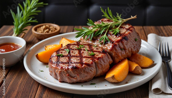 Fototapeta Perfectly seared alpaca steak garnished with fresh rosemary and served with sweet potato wedges on rustic table