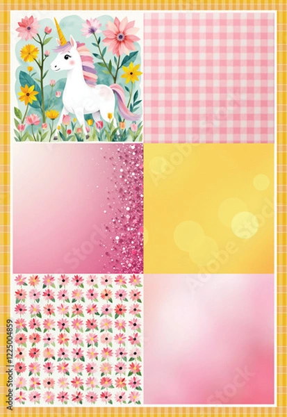 Fototapeta A set of six coordinating decoupage paper inspired by a unicorn, uses a pastel palette including pink, lemon and pale green