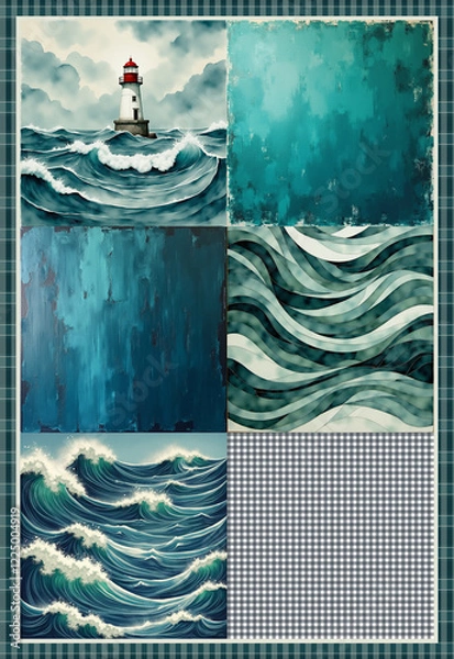 Fototapeta A set of six coordinating decoupage papers inspired by a ligtht house, using greens, blues and whites