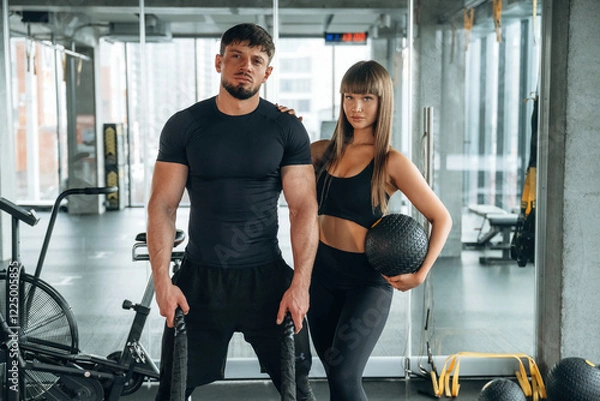 Fototapeta Holding ball, standing and posing. Man and woman are in the gym together