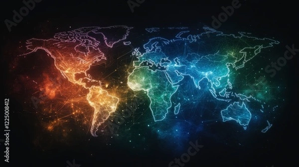 Fototapeta Vibrant technological world map with glowing network connections illustrating global interconnectivity and modernity