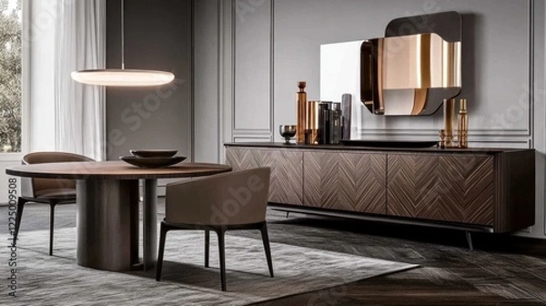 Fototapeta Modern dining room with wooden sideboard, round table, and chairs.