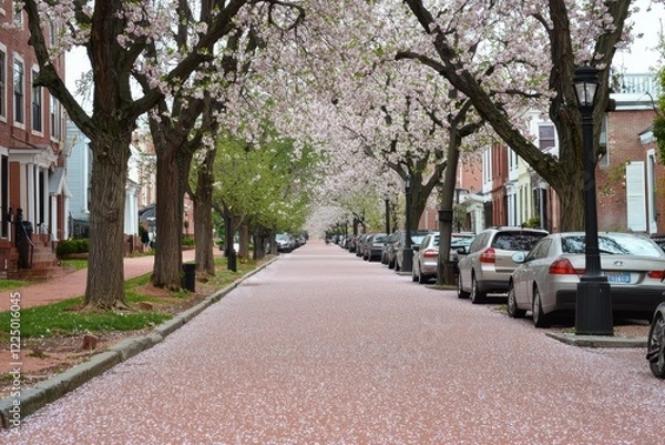 Fototapeta Cherry Blossom Alley A serene alley lined with cherry blossom trees in full bloom, their pink petals scattered on the pathway