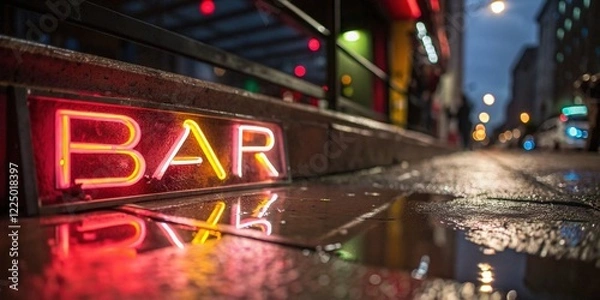 Fototapeta Vibrant Neon Bar Sign Close-up: Macro Photography of Illuminated Text