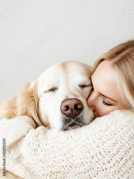Fototapeta A girl cuddles her golden retriever, showcasing their deep bond and affection. The soft, light-colored background enhances the warmth of their moment together, wrapped in a soft sweater.