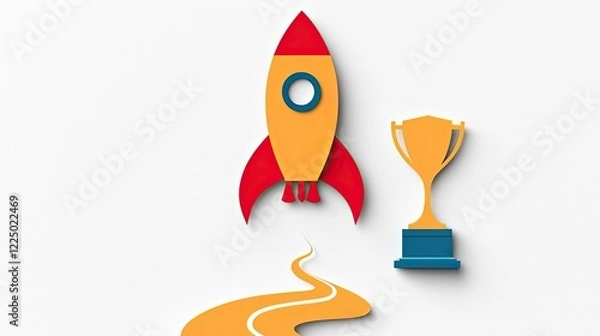Fototapeta A colorful rocket and trophy illustration representing achievement and success, isolated on a white background.