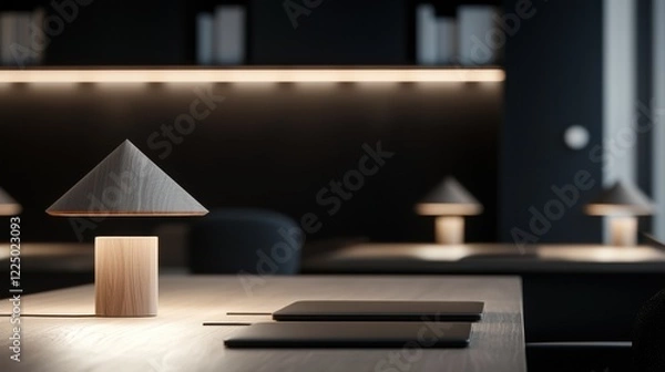 Fototapeta A table with a lamp on it and a few books on it