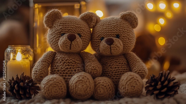 Fototapeta A pair of hand-knitted teddy bears placed in a warm, inviting environment with soft lighting and cozy details