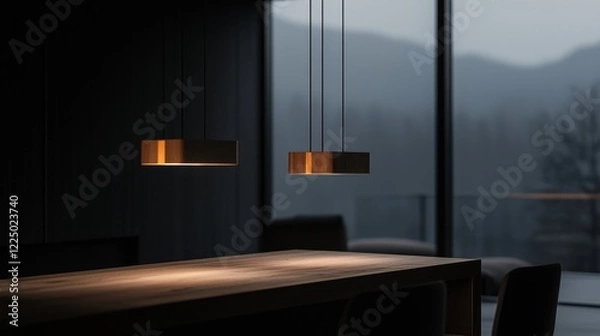 Fototapeta A dark room with a wooden table and two lamps hanging from the ceiling