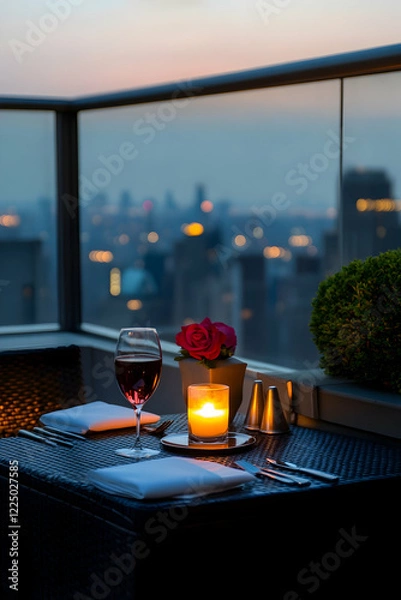 Fototapeta Romantic dining experience at a rooftop restaurant with stunning skyline views during twilight