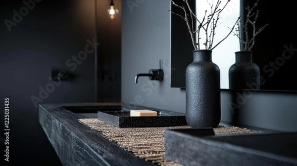 Fototapeta A bathroom with a black sink and a black vase with a branch in it