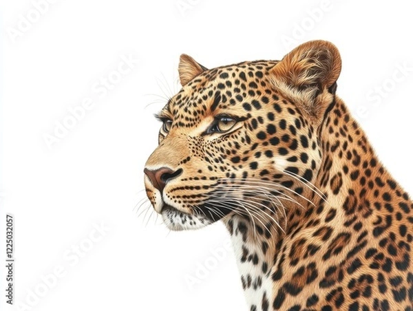 Fototapeta A detailed illustration of a leopard, showcasing its distinctive spotted fur and fierce expression against a plain white background.