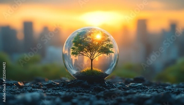Fototapeta A Tree Inside a Transparent Sphere Overlooking a Cityscape at Sunset, Symbolizing Nature and Urban Coexistence, Serenity Amidst Modern Life