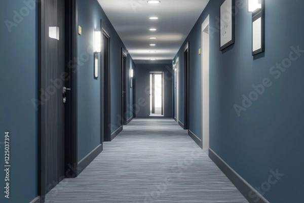 Fototapeta In a faintly lit passage, an open door reveals a bright space, contrasting with a closed door further back, signifying options and potential