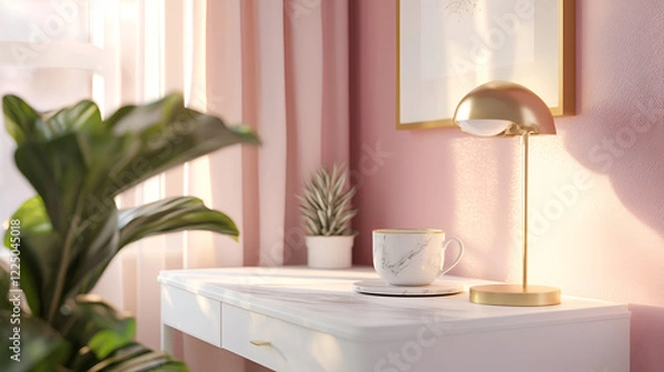 Fototapeta Sunlight streams into a room, illuminating a minimalist workspace with a gold lamp, marble cup, and plant.