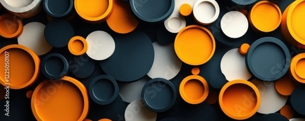 Fototapeta Abstract design with overlapping orange, black, and white circular shapes