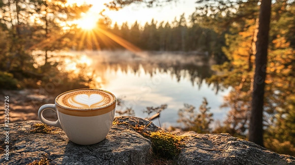 Fototapeta Serene sunrise over a tranquil lake with a heart-shaped latte art coffee in the foreground