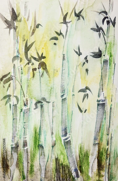Fototapeta Spheric bamboo field, watercolor. The dabbing technique near the edges gives a soft focus effect due to the altered surface roughness of the paper.