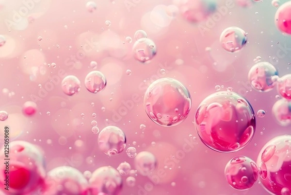 Fototapeta Soft pink and red bubbles floating on water surface, abstract oil texture, pastel color gradient.